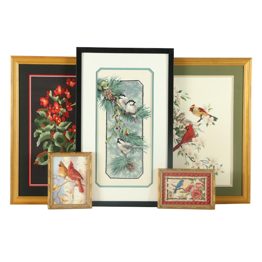 Collection of Framed Bird-Themed Needlepoint and Embroideries