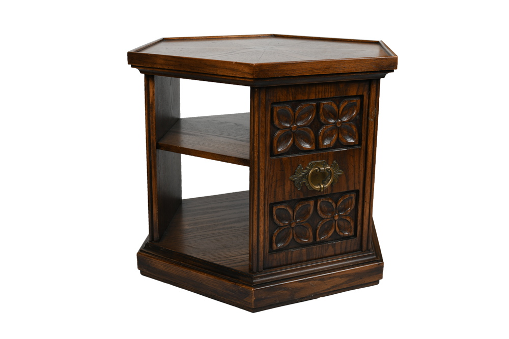 Vintage Oak Hexagonal Side Table with Shelves