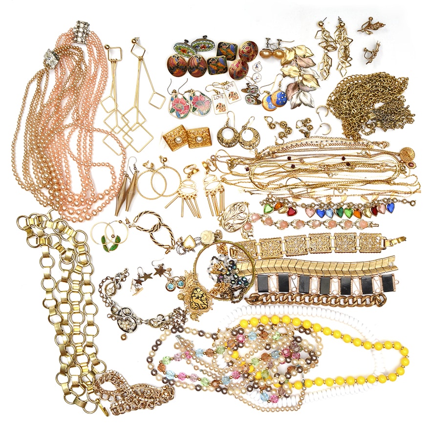 Assorted Costume Jewelry Including Gold Tone Necklaces