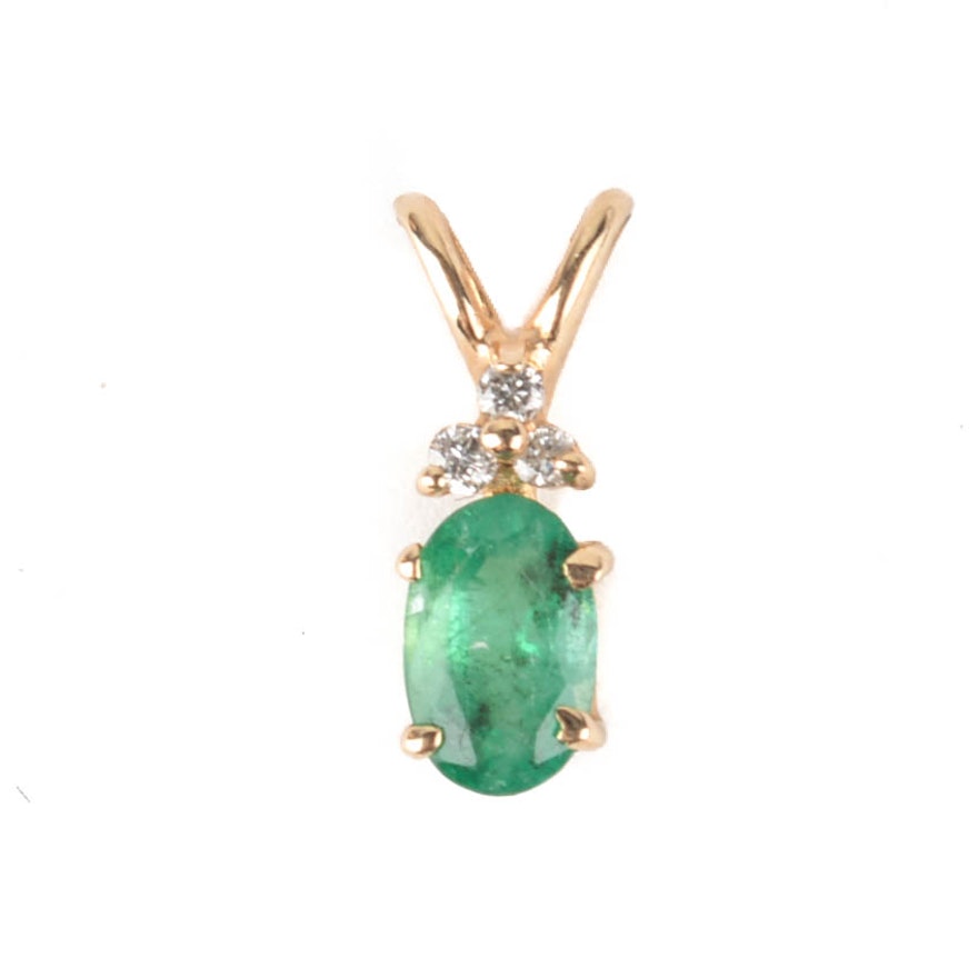 14K Yellow Gold Diamond and Emerald Pendant