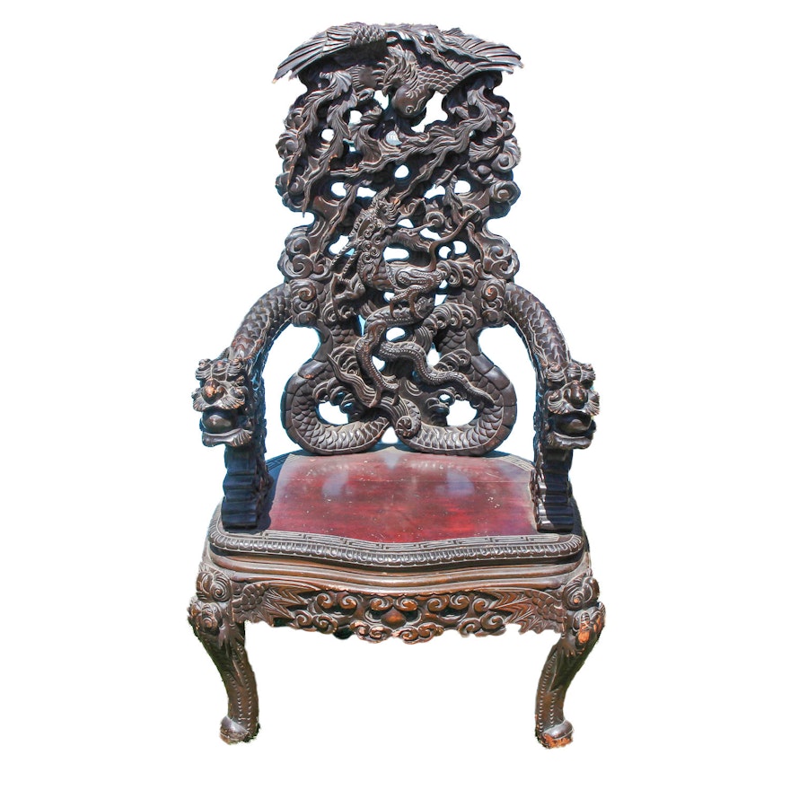 Vintage Wood Chinese Chair with Ornate Carvings