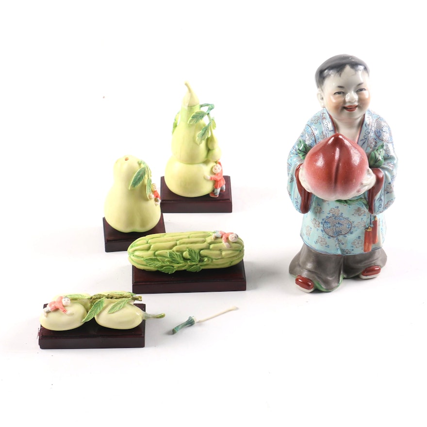 Collection of Figurines Including Chinese Boy with Immortality Peach