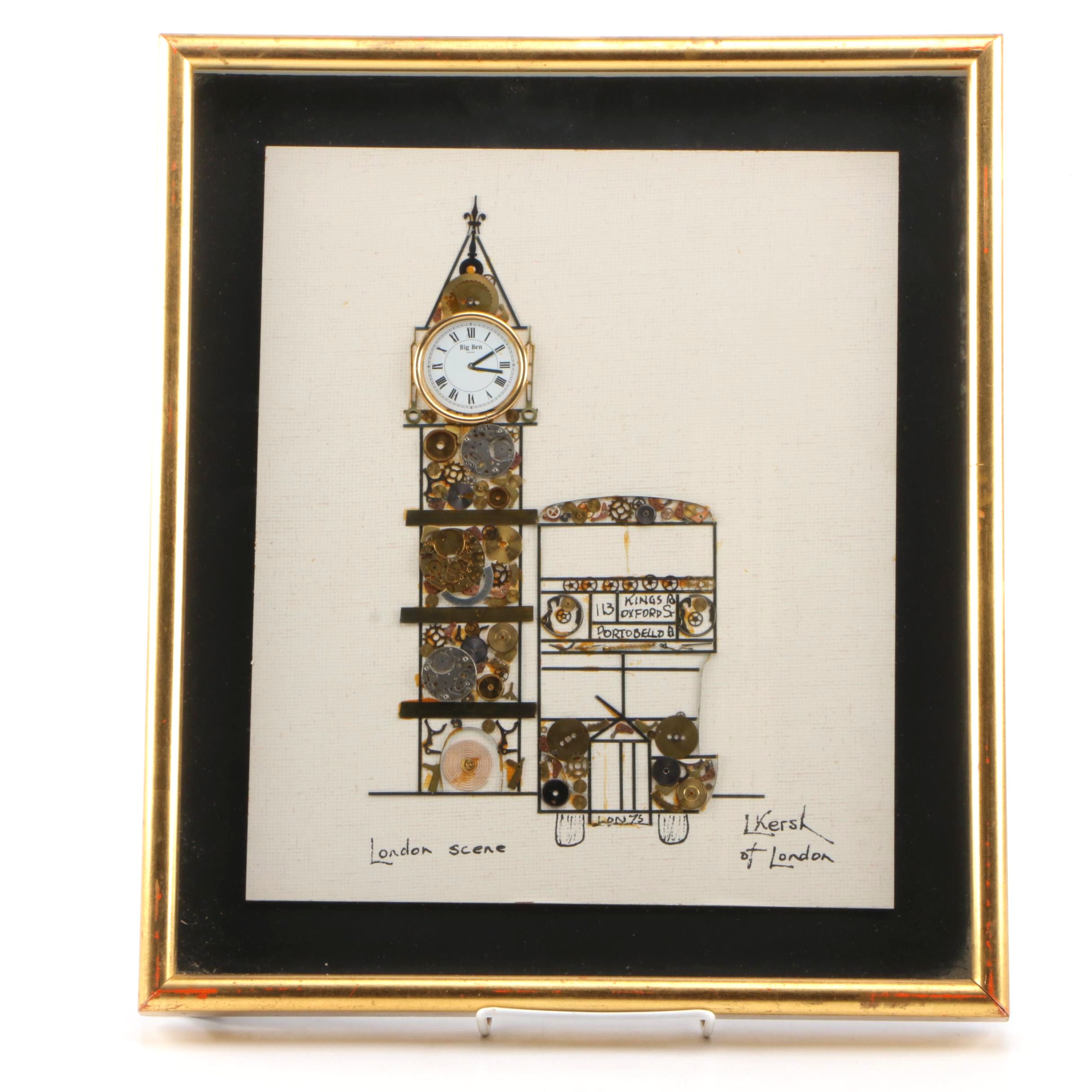 Vintage L. Kersh of London Horological Collage on Board "London Scene"