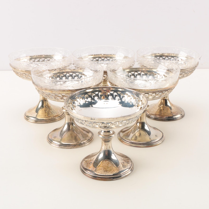Sterling Champagne Coupes with Glass Bowl Inserts