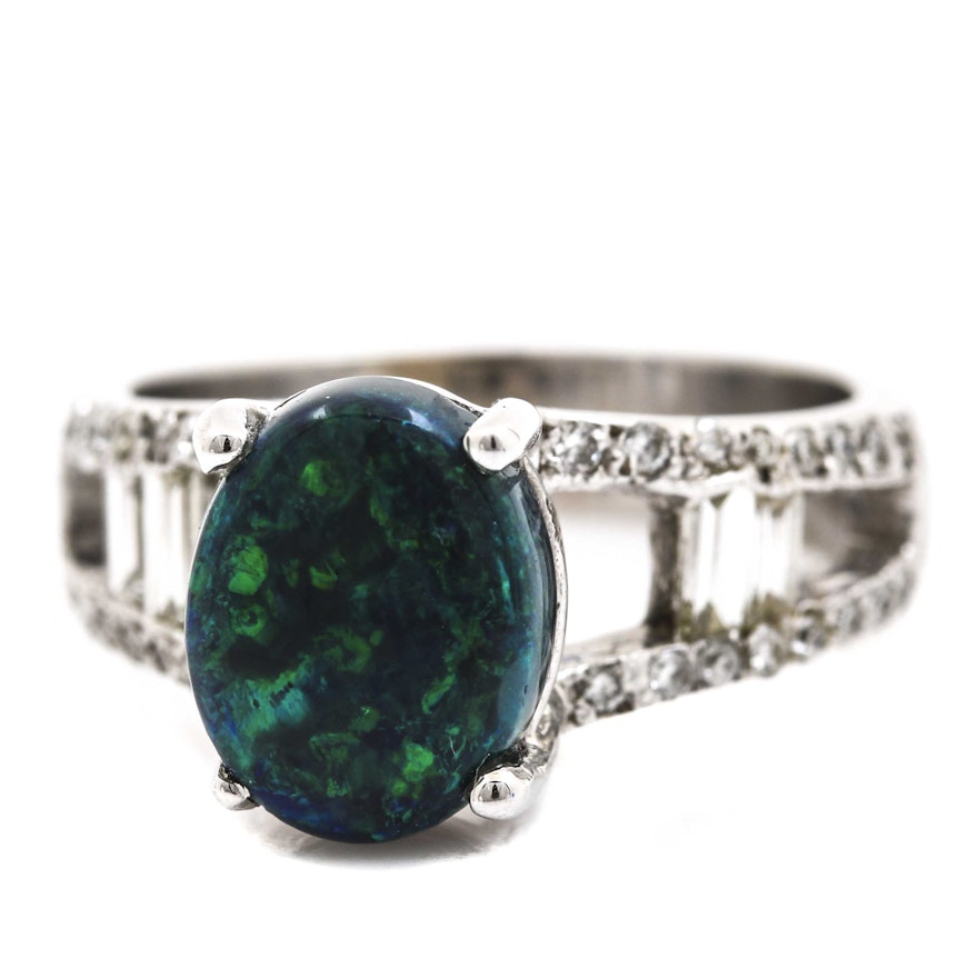 14K White Gold Opal and Diamond Ring