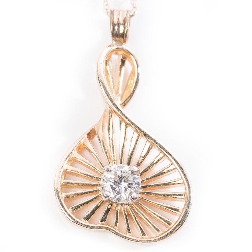 10K Yellow Gold Diamond Spiral Pendant Necklace