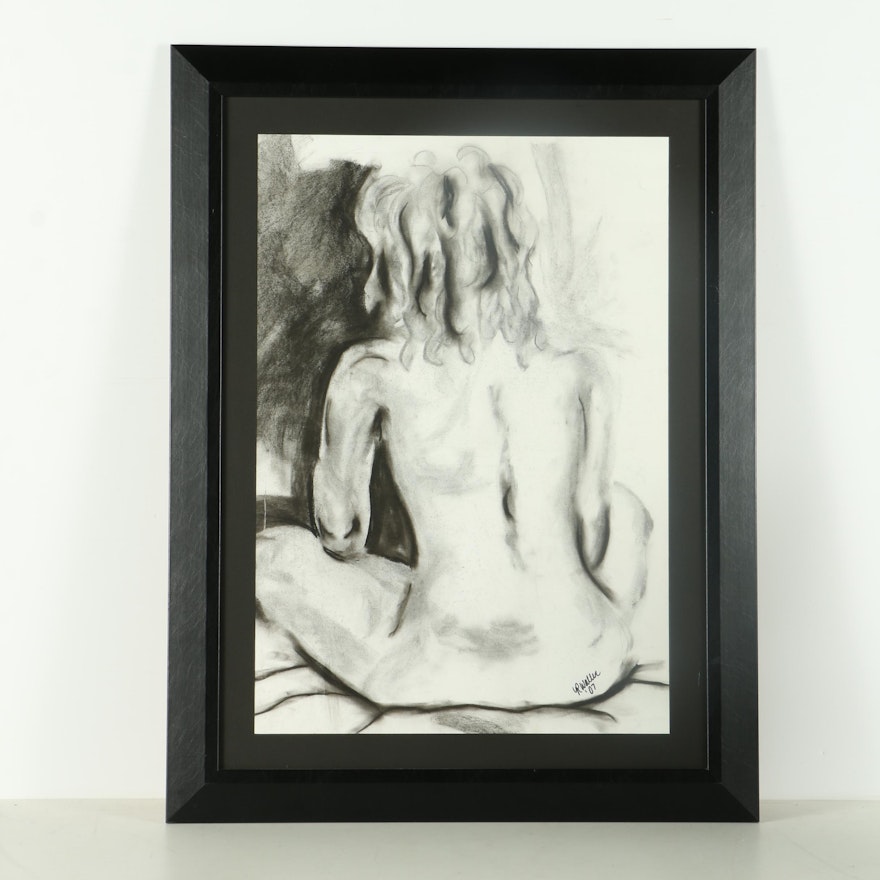 R. Waller Charcoal Drawing of Nude Figure