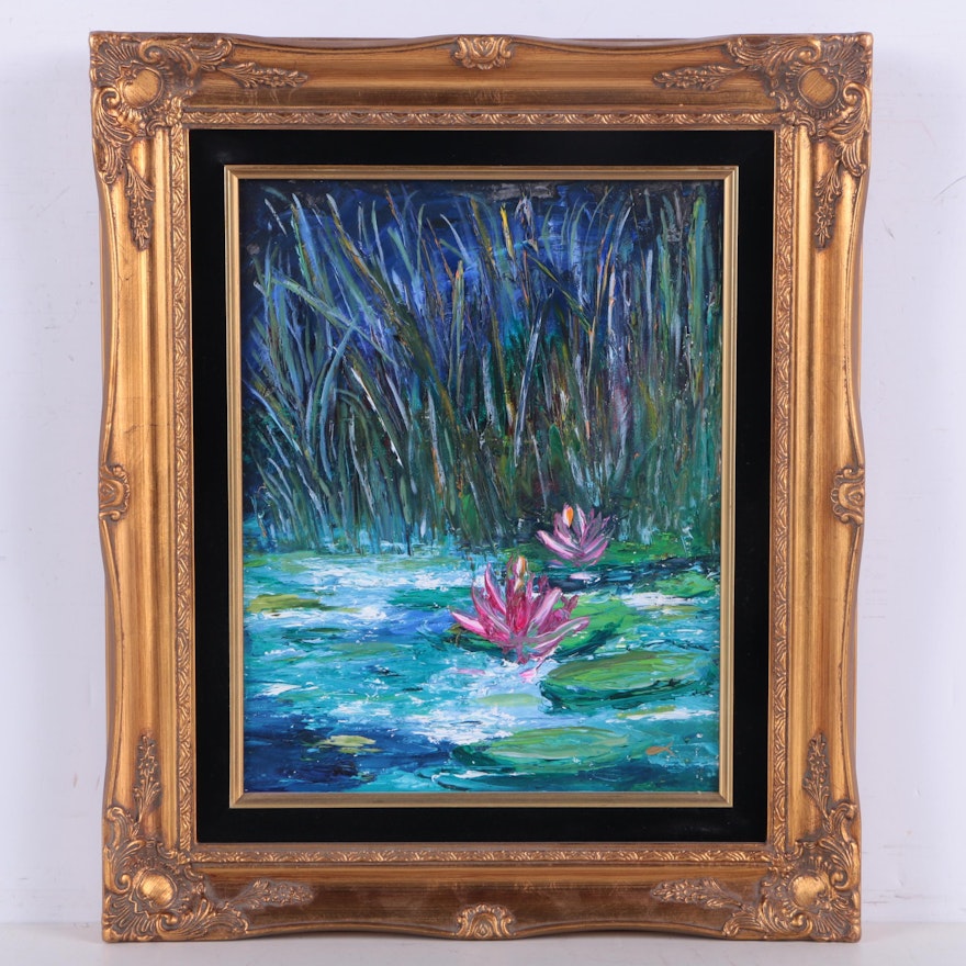 Evelyn Fish Oil Painting on Panel "Peaceful Pond"