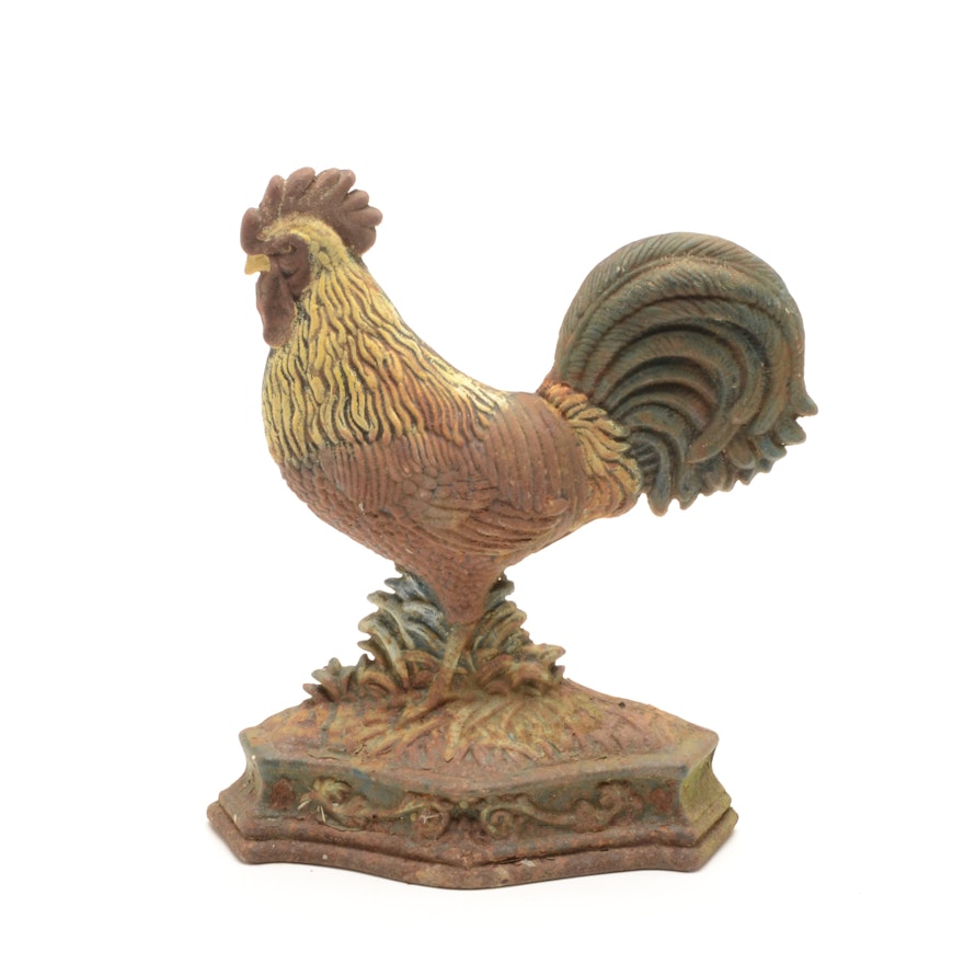 Antique Hand-Painted Cast Iron Rooster Doorstop