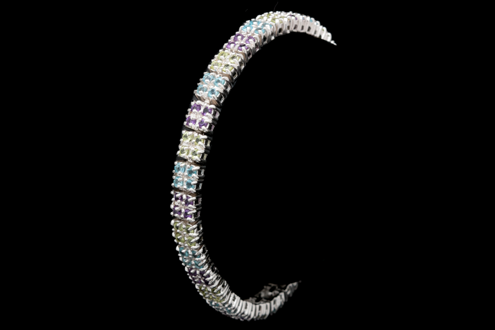 Sterling Silver, Blue Topaz, Peridot and Amethyst Bracelet