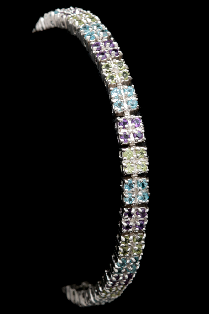 Sterling Silver, Blue Topaz, Peridot and Amethyst Bracelet