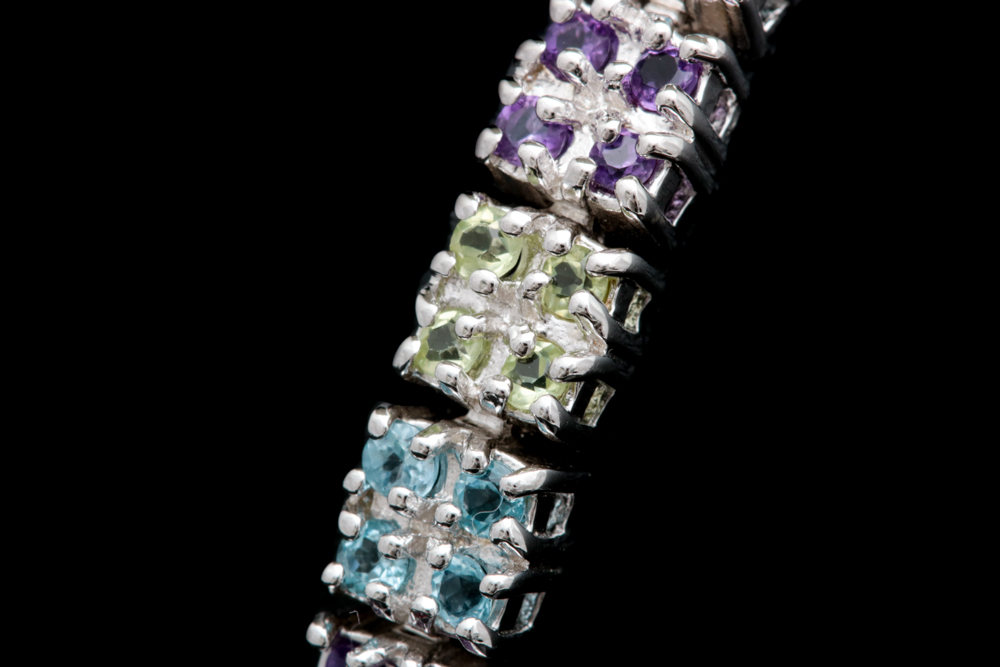 Sterling Silver, Blue Topaz, Peridot and Amethyst Bracelet