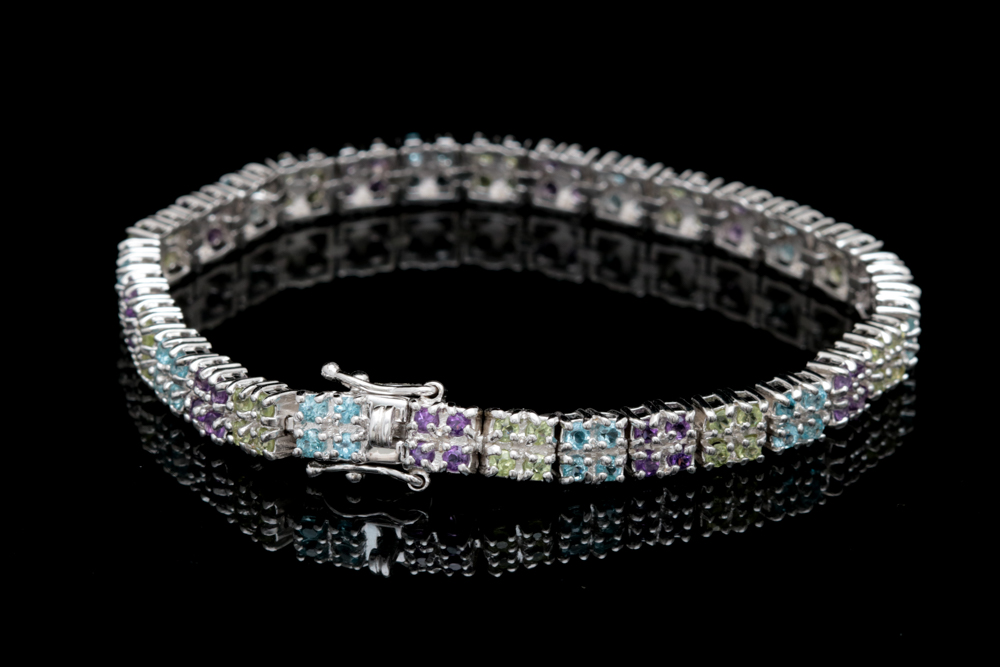 Sterling Silver, Blue Topaz, Peridot and Amethyst Bracelet
