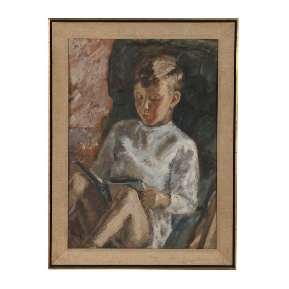 Evelyn Borchard Metzger Oil Painting on Panel "Jim Reading"