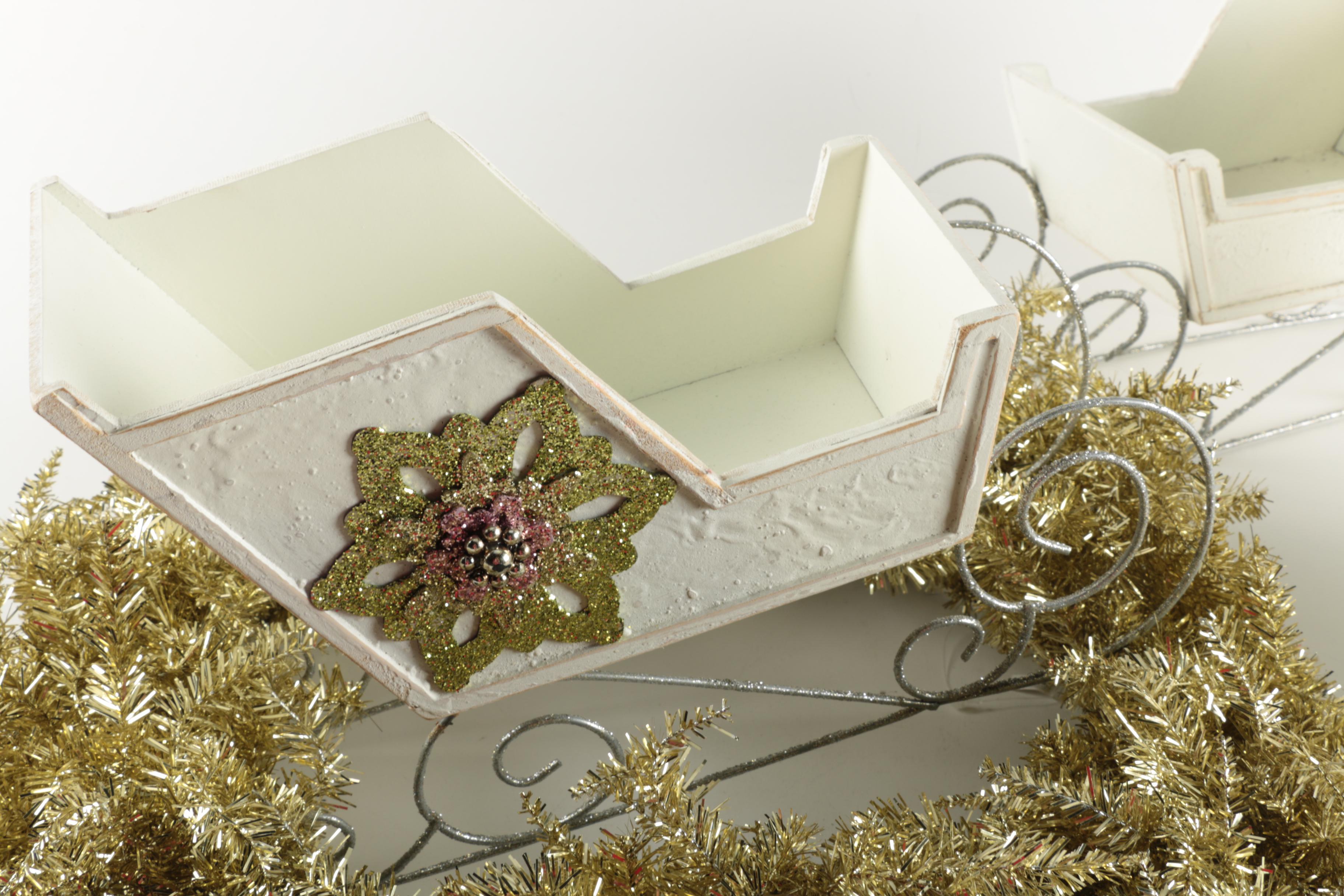 Gold Metallic Wreath and Wooden Decorative Sleds