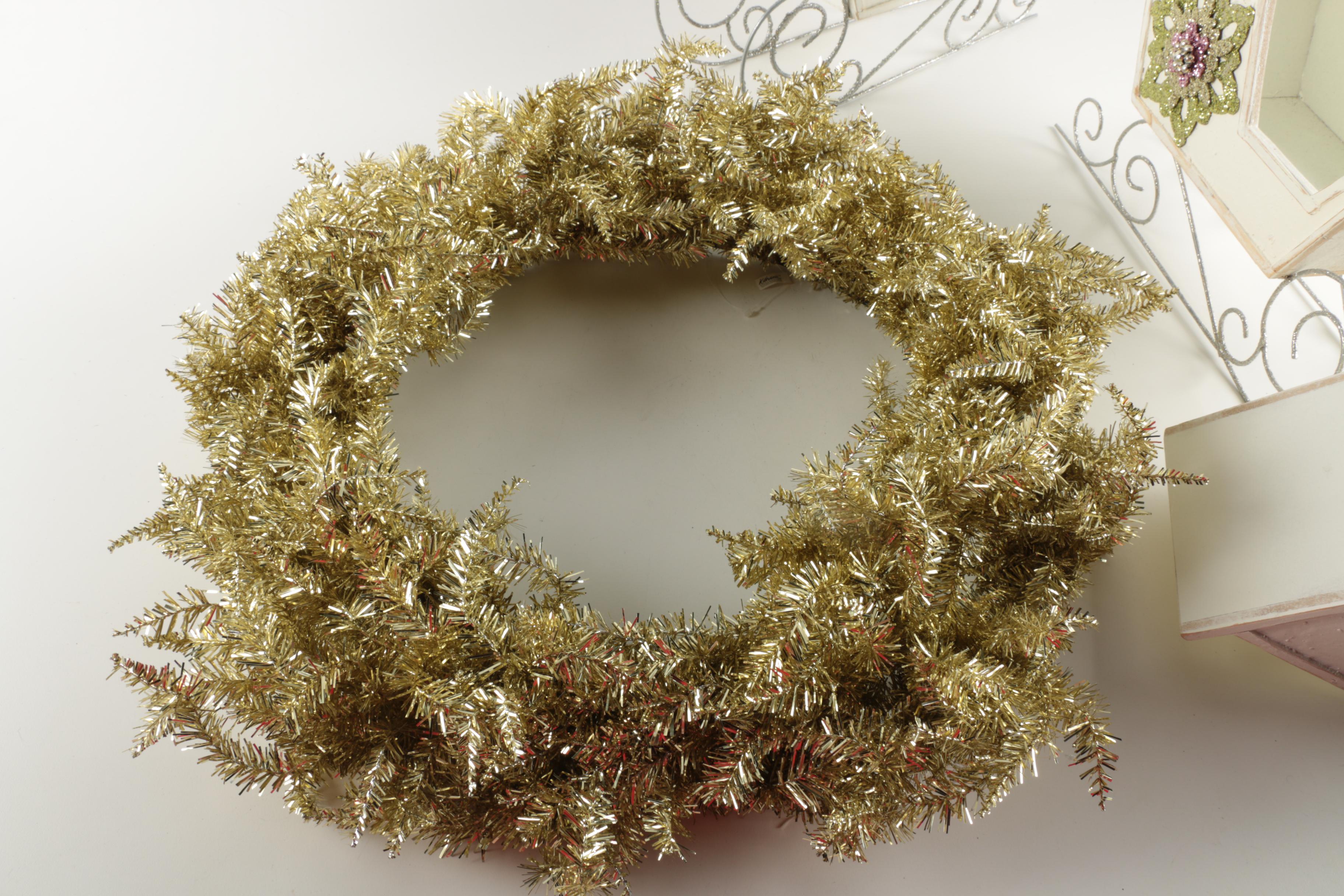Gold Metallic Wreath and Wooden Decorative Sleds
