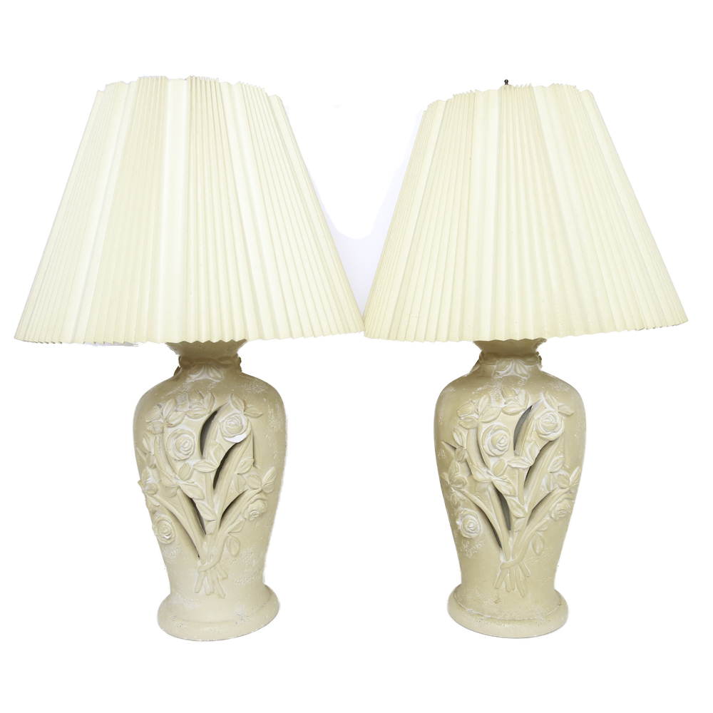Pair of Ceramic Table Lamps with Rose Motif