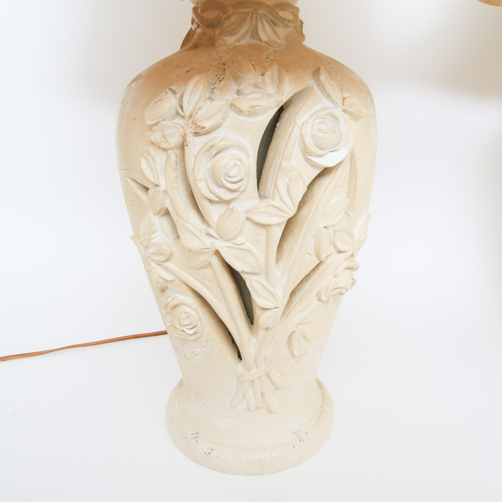 Pair of Ceramic Table Lamps with Rose Motif
