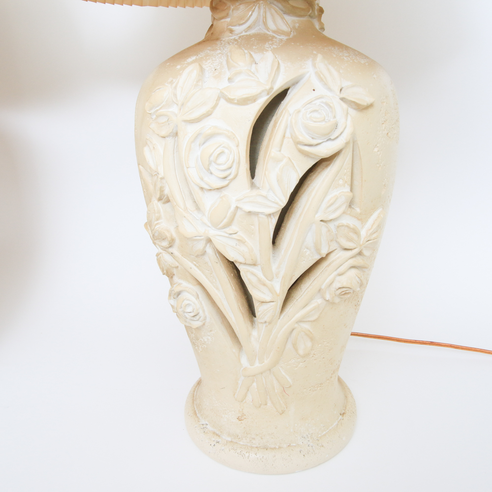 Pair of Ceramic Table Lamps with Rose Motif