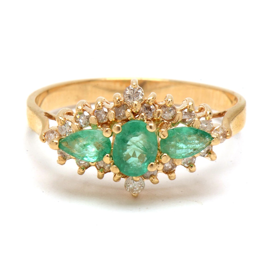 14K Yellow Gold Natural Emerald Diamond Ring