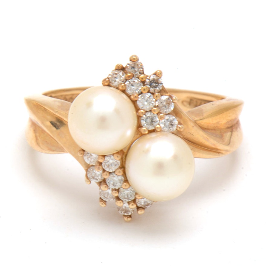 14K Yellow Gold Cultured Pearl Cubic Zirconia Cocktail Ring