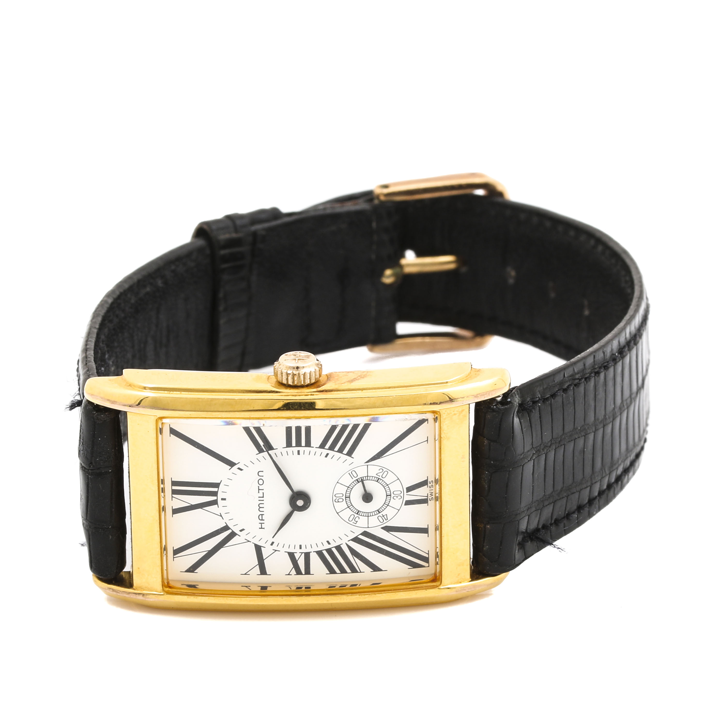 Hamilton Gold Tone Watch with Black Leather Strap
