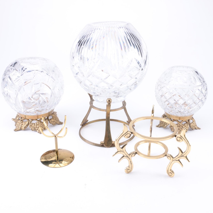 Decorative Cut Crystal Bowls and Brass Stands