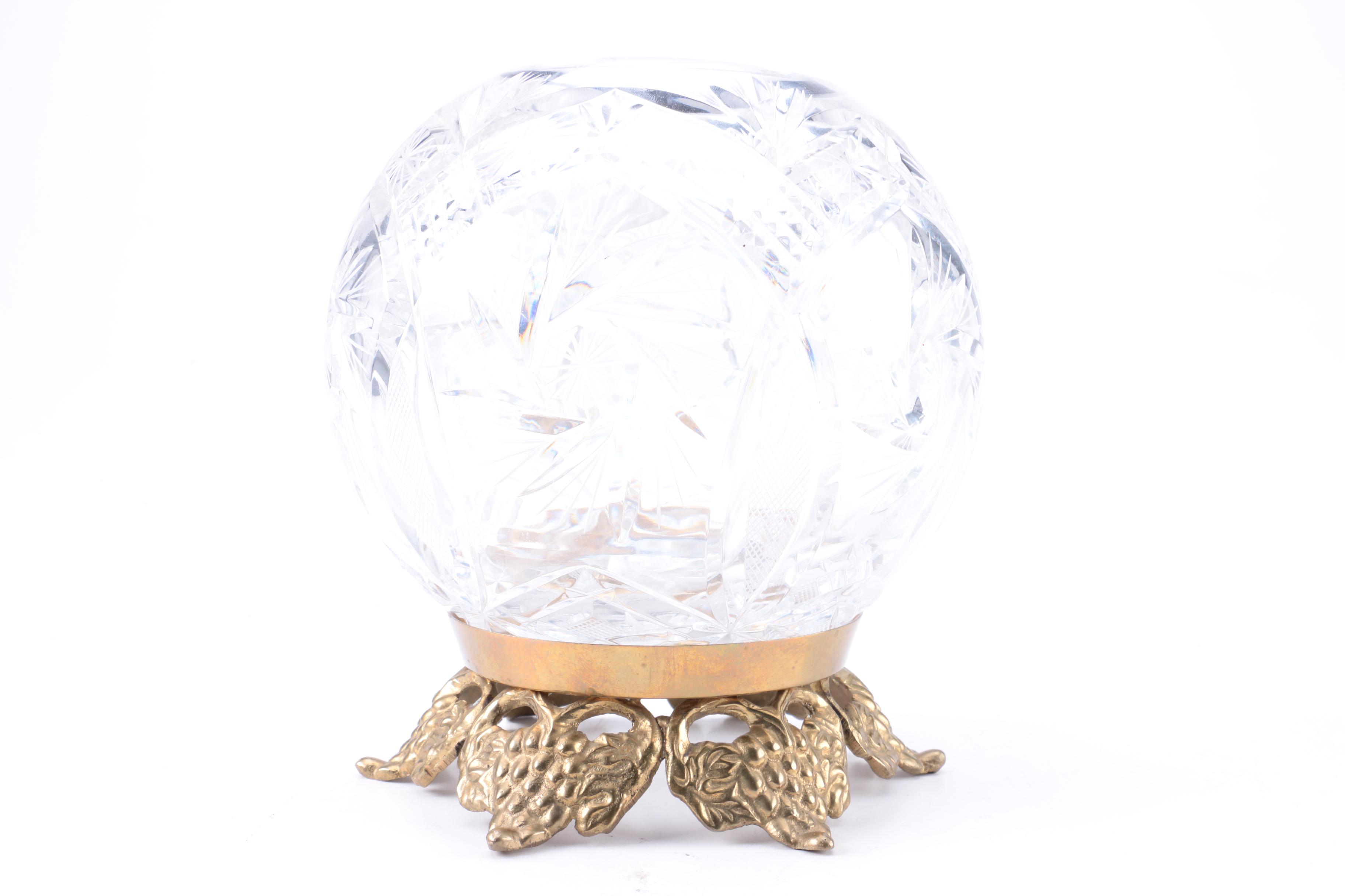 Decorative Cut Crystal Bowls and Brass Stands