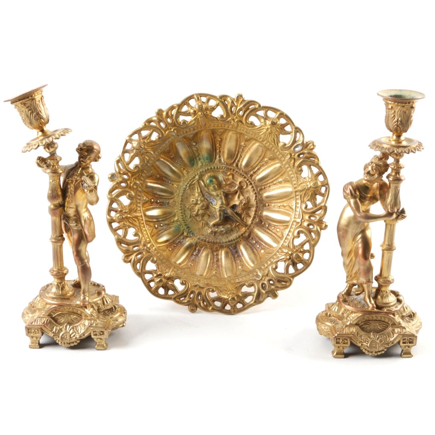 Brass Figural Candlestick Holders and Tray