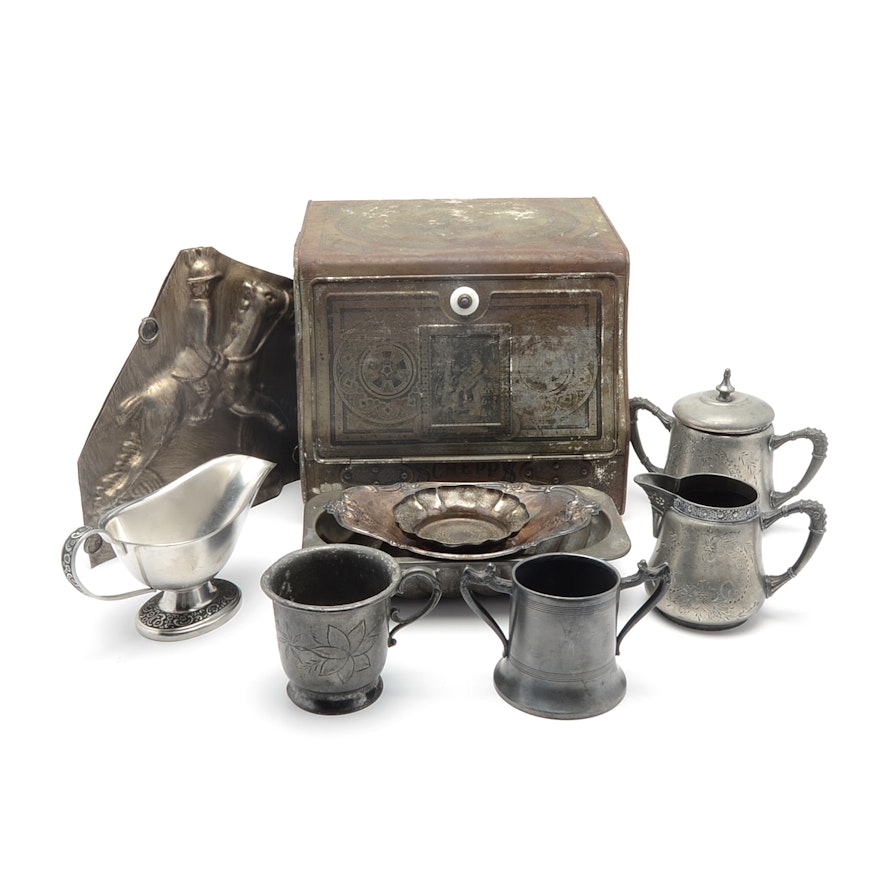 Collection of Vintage Metalware Including a Schepps Cake Box
