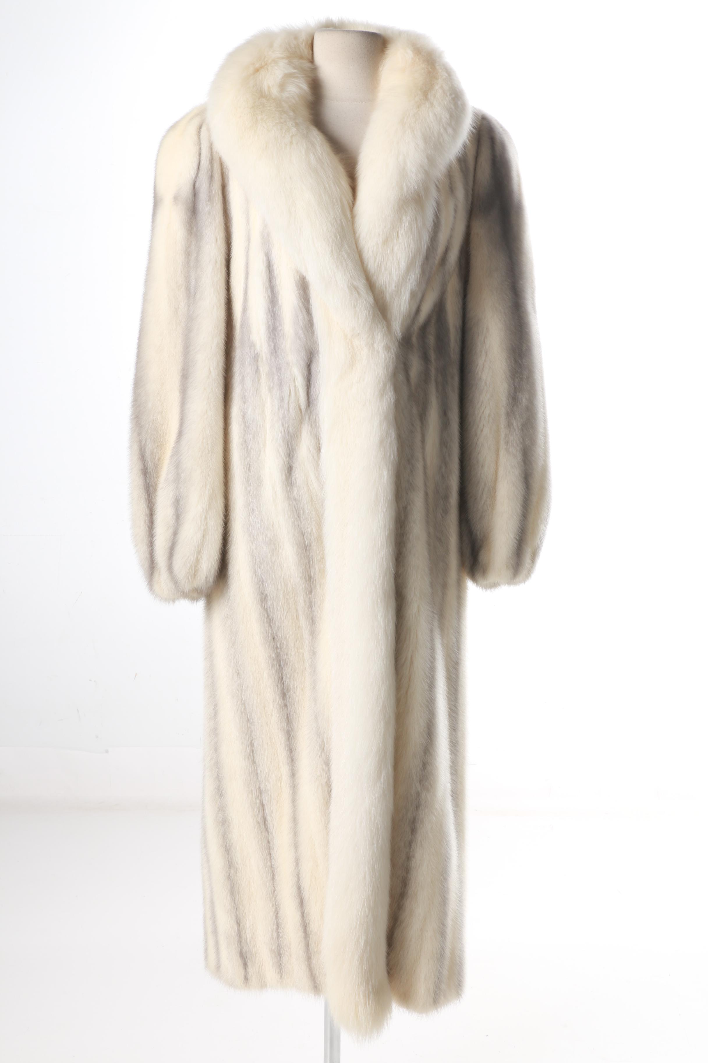 Full Length Ferret Fur Coat with Fox Fur Trim