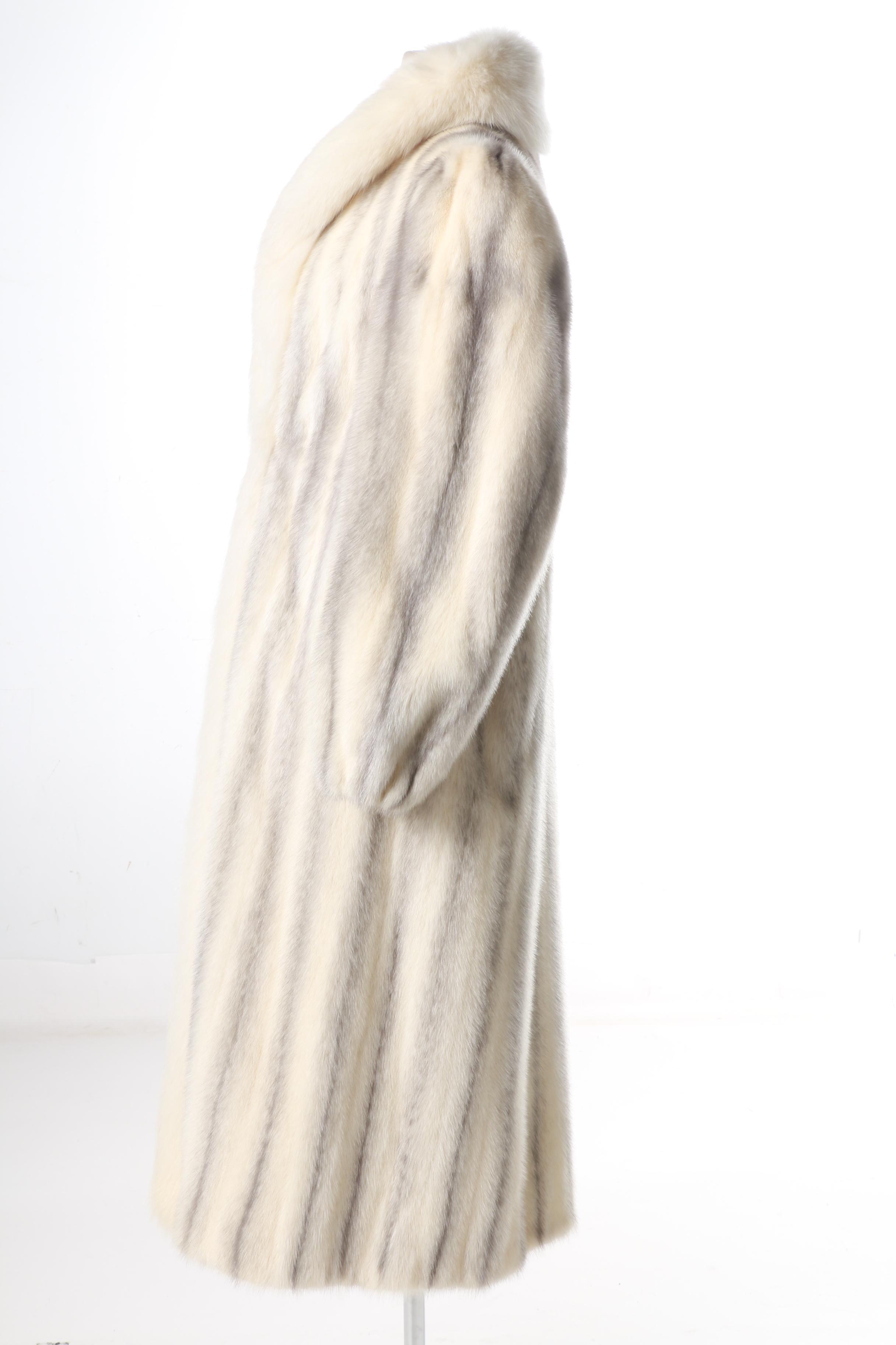 Full Length Ferret Fur Coat with Fox Fur Trim