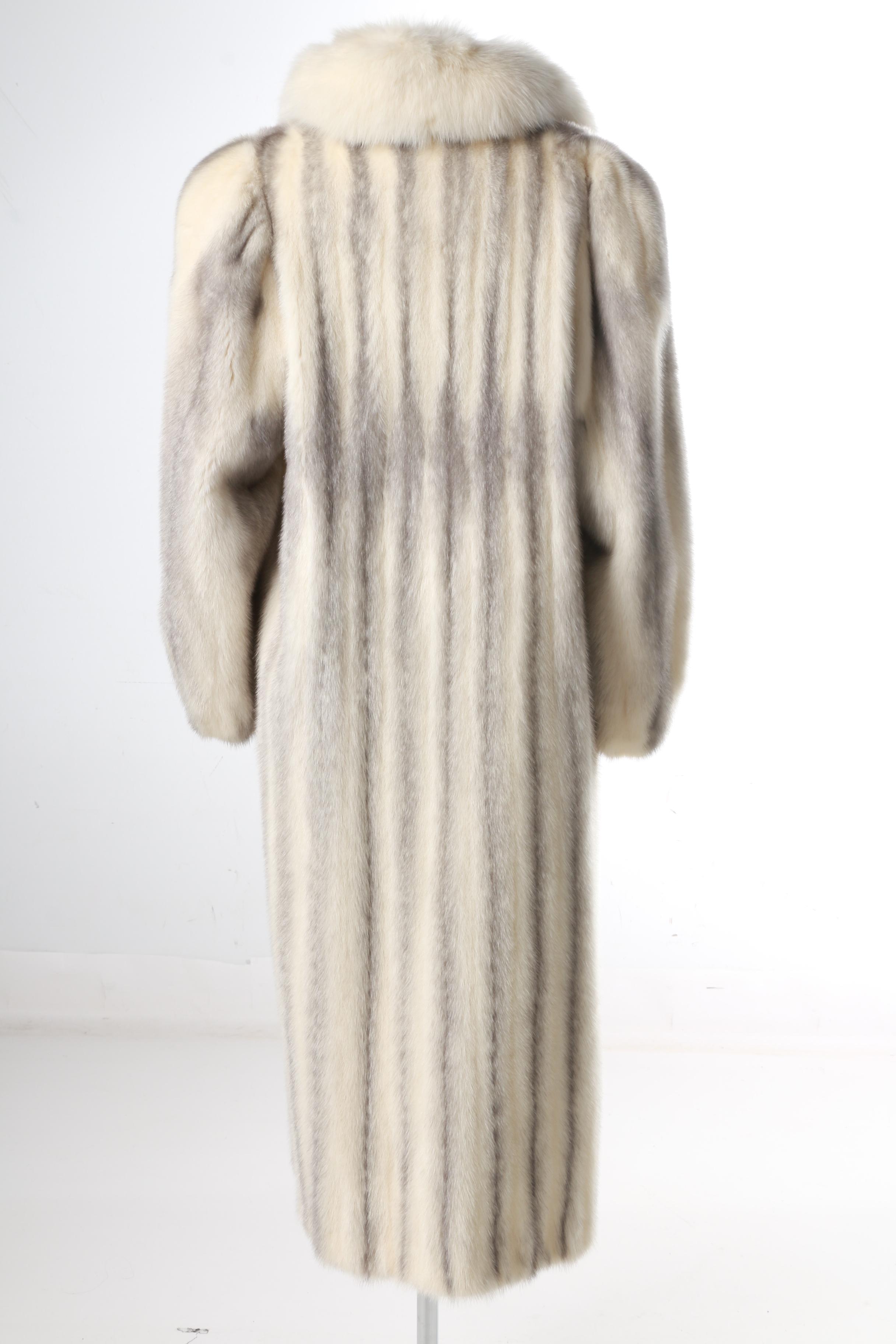 Full Length Ferret Fur Coat with Fox Fur Trim