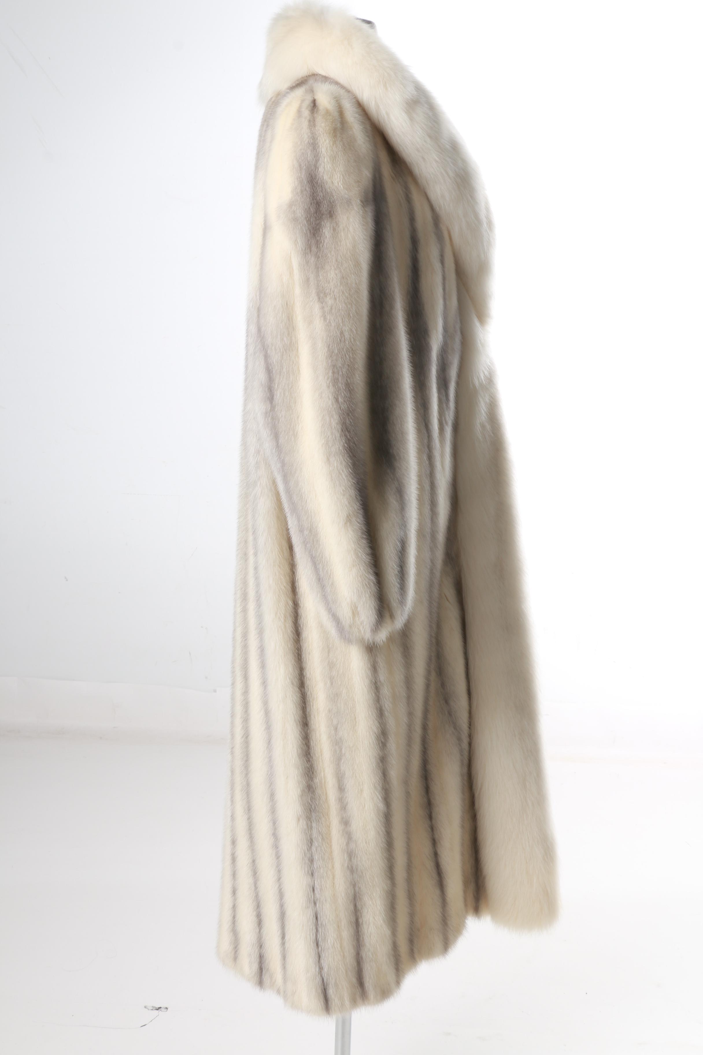 Full Length Ferret Fur Coat with Fox Fur Trim