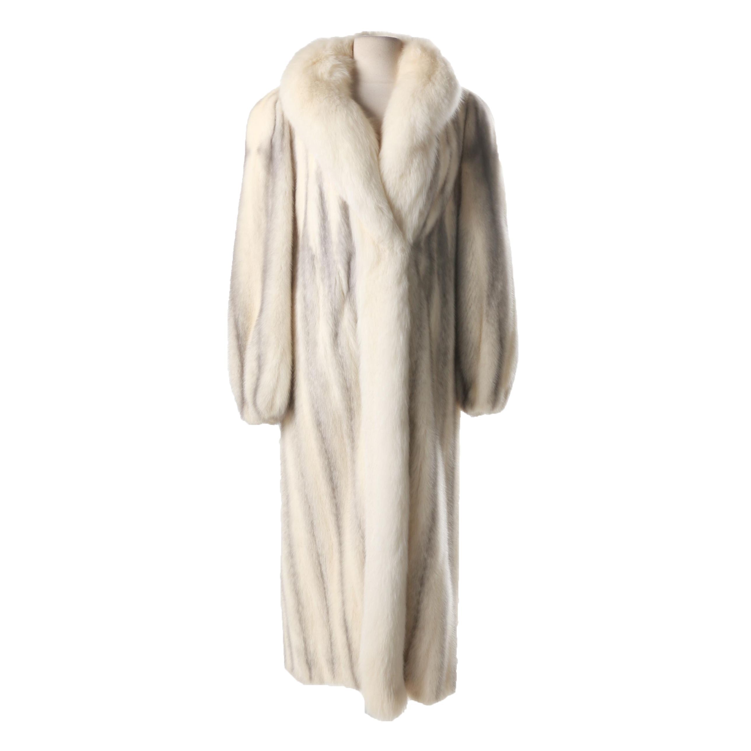 Full Length Ferret Fur Coat with Fox Fur Trim