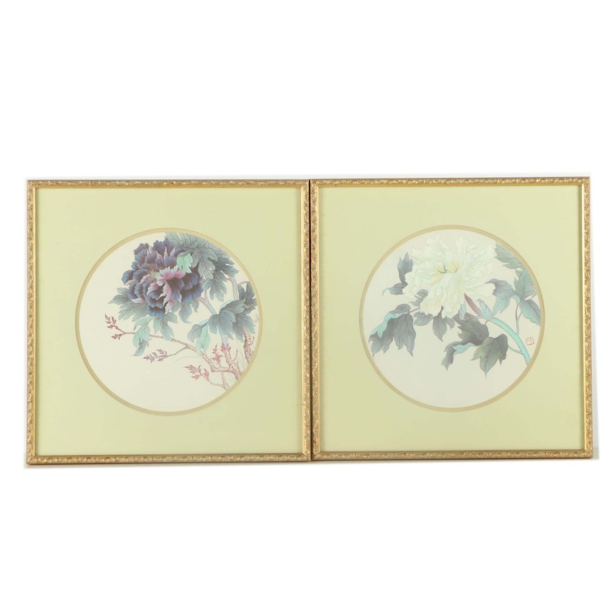 Offset Lithograph Prints After East Asian Floral Paintings