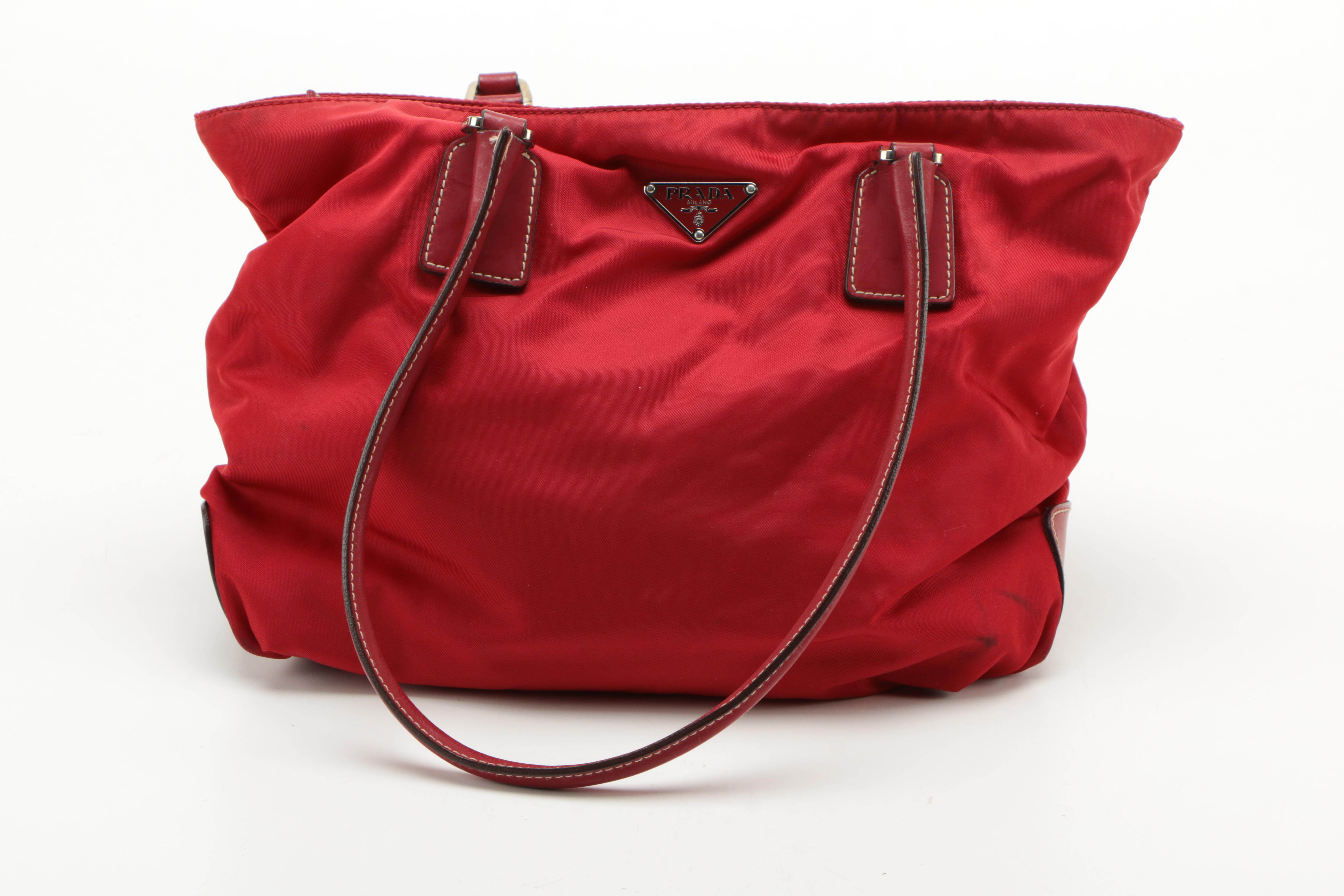 Prada Red Nylon Tote and Black Nylon Pouch