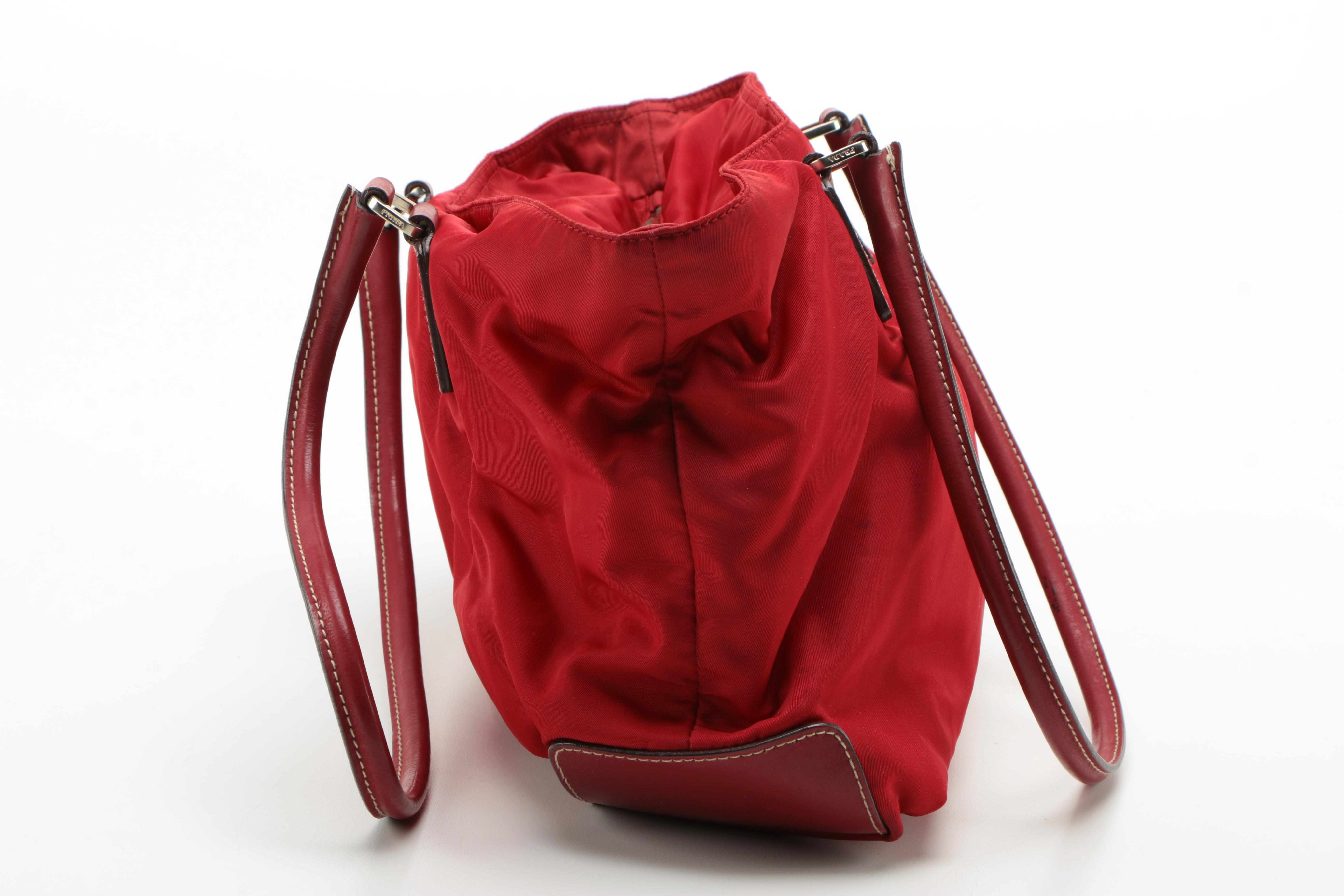 Prada Red Nylon Tote and Black Nylon Pouch