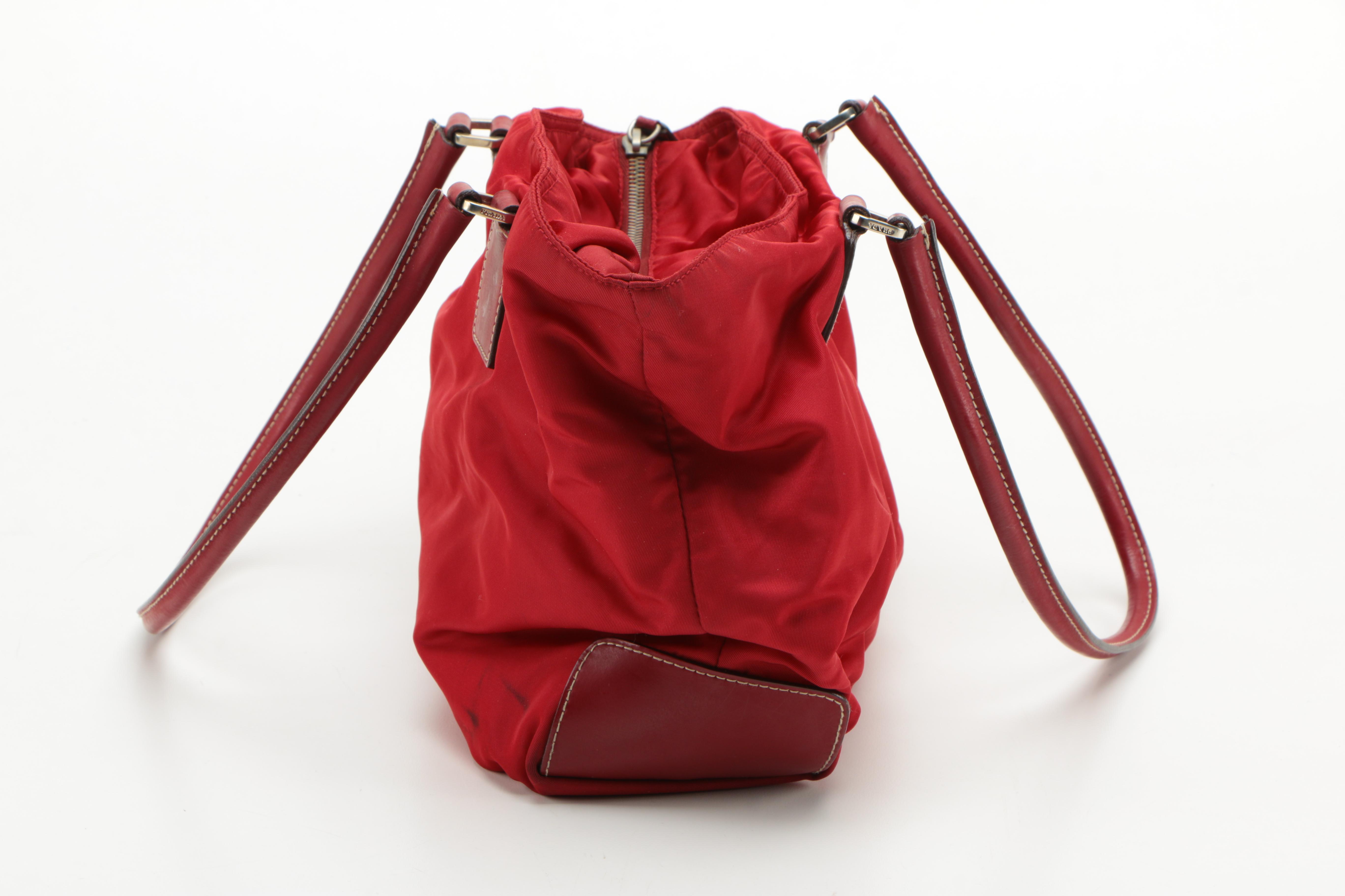 Prada Red Nylon Tote and Black Nylon Pouch