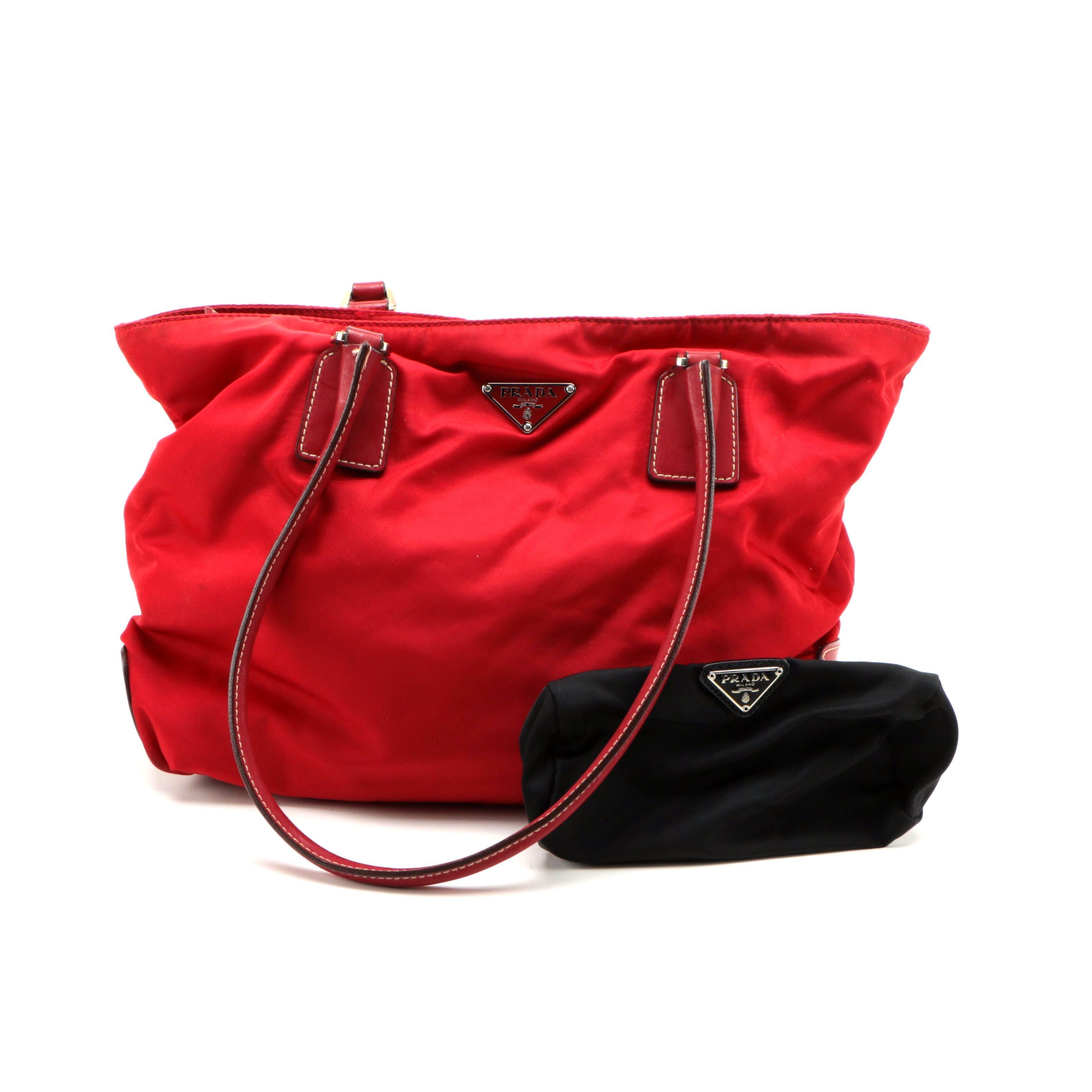 Prada Red Nylon Tote and Black Nylon Pouch