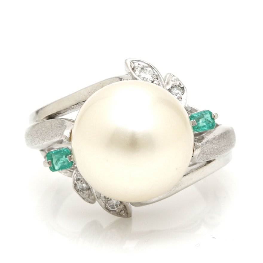 Platinum South Sea Pearl, Emerald, and Diamond Foliate Ring