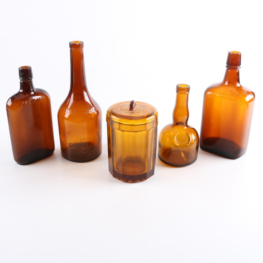 Mid-Century Brown Glass Bottles with Lidded Jar