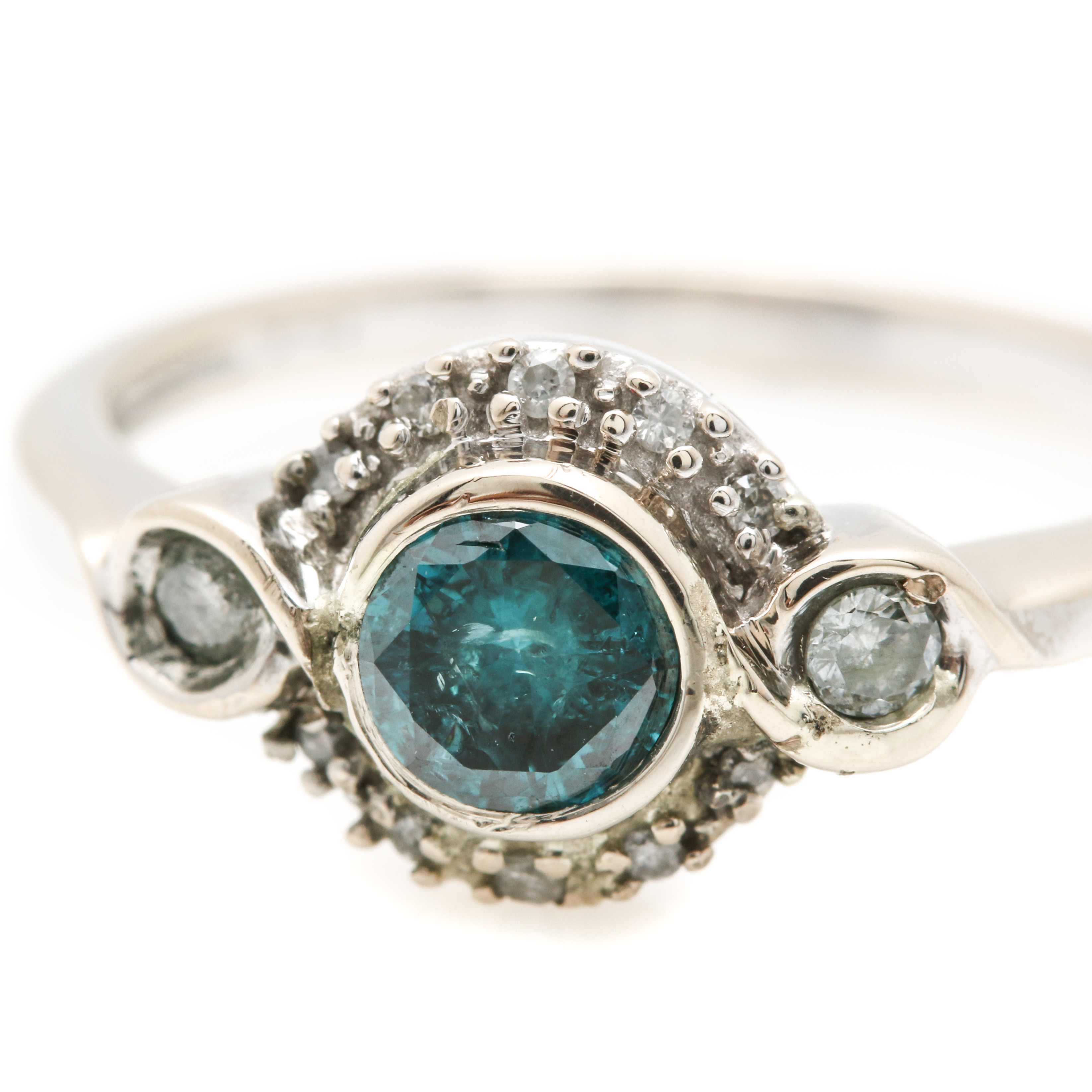 14K White Gold Blue Diamond and Diamond Ring