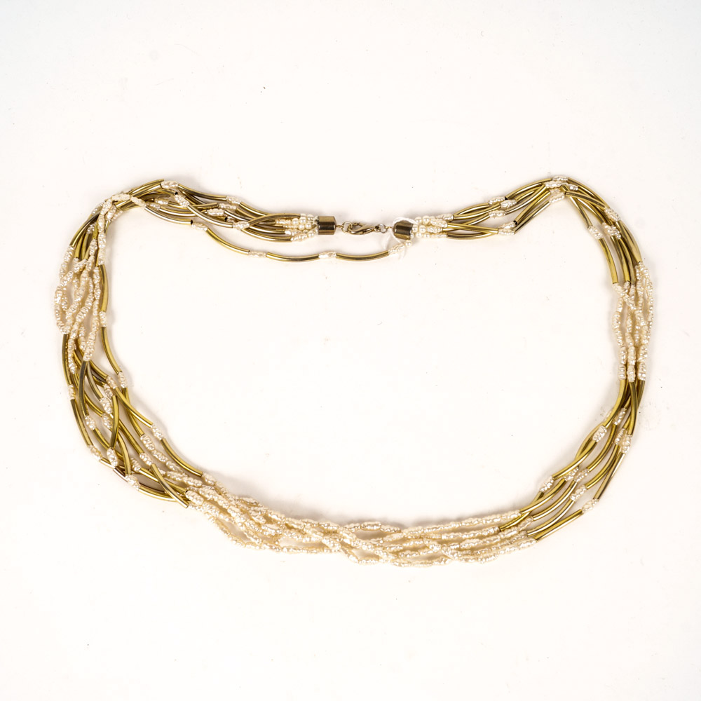 Vintage Brass Tone Bead and Faux Pearl Necklace