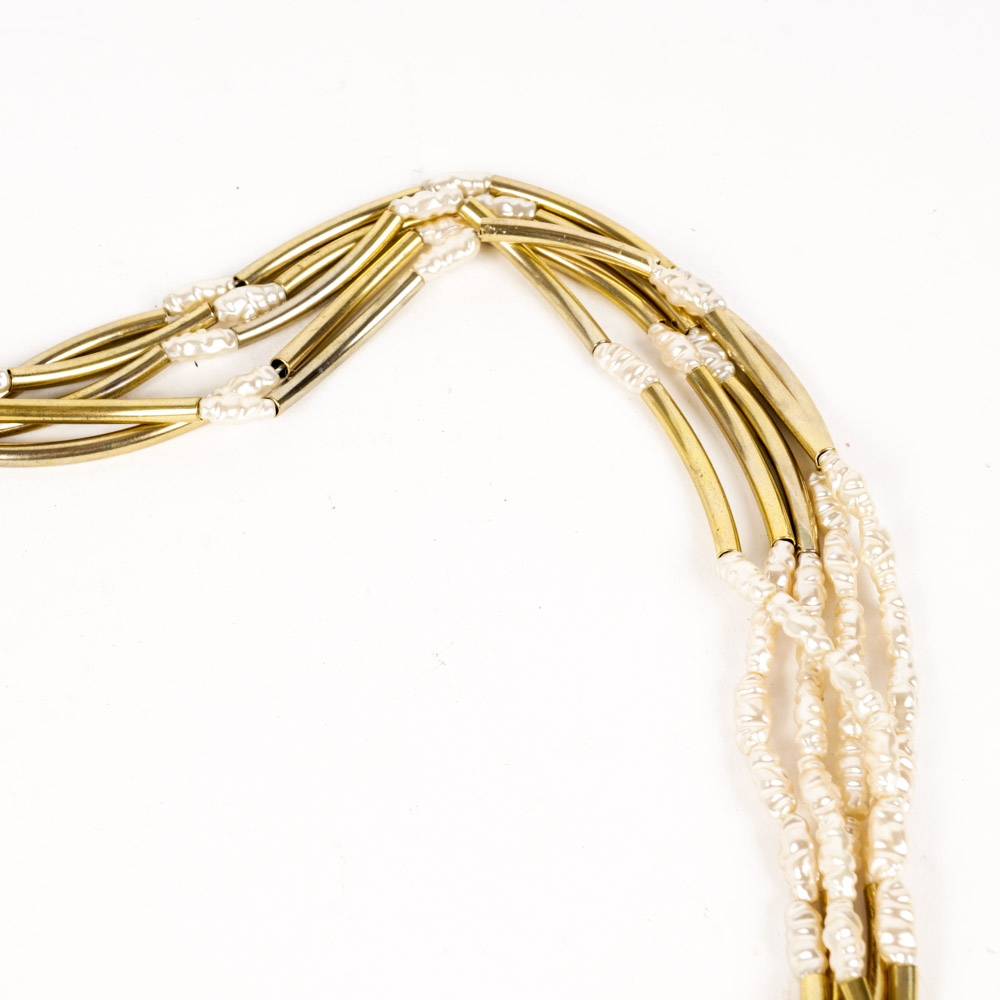 Vintage Brass Tone Bead and Faux Pearl Necklace