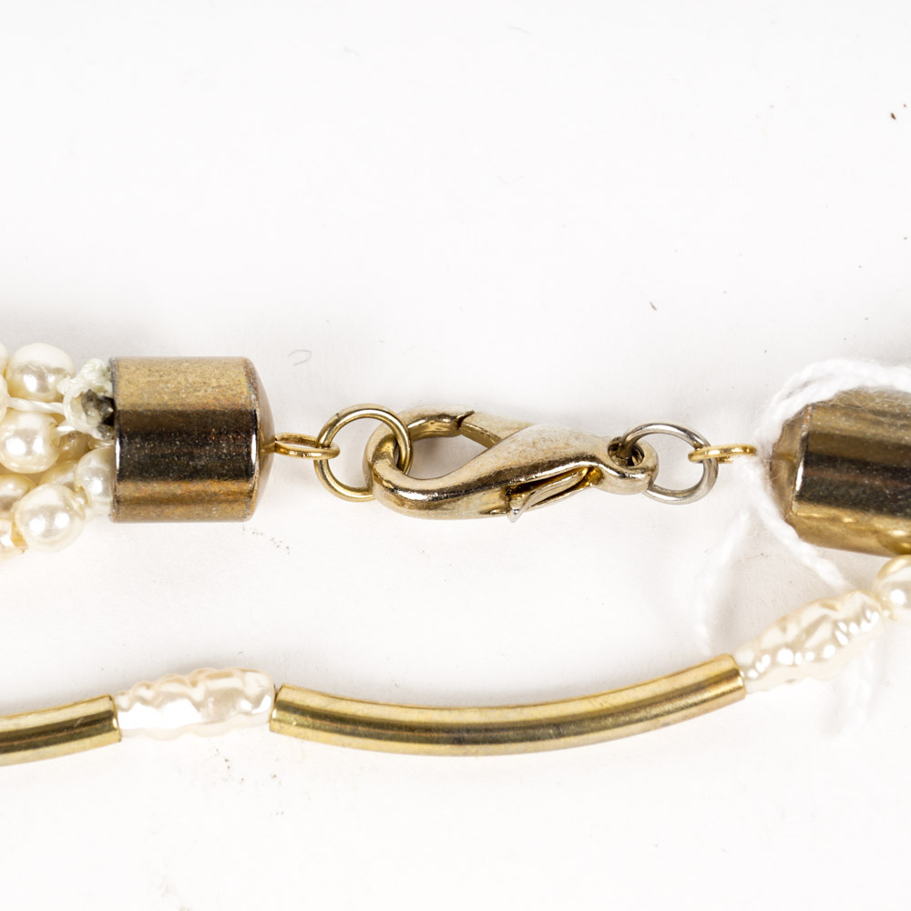 Vintage Brass Tone Bead and Faux Pearl Necklace