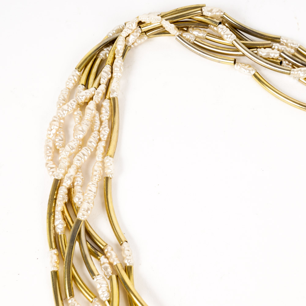 Vintage Brass Tone Bead and Faux Pearl Necklace