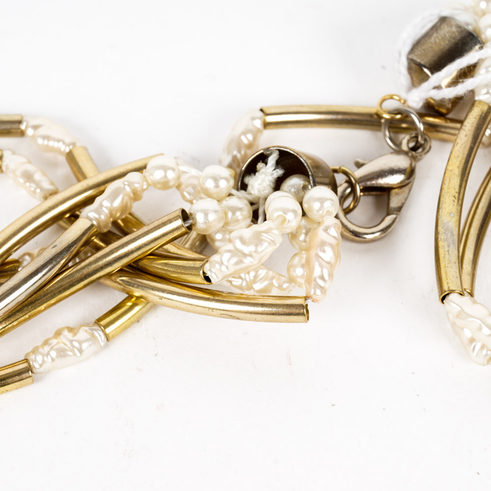 Vintage Brass Tone Bead and Faux Pearl Necklace