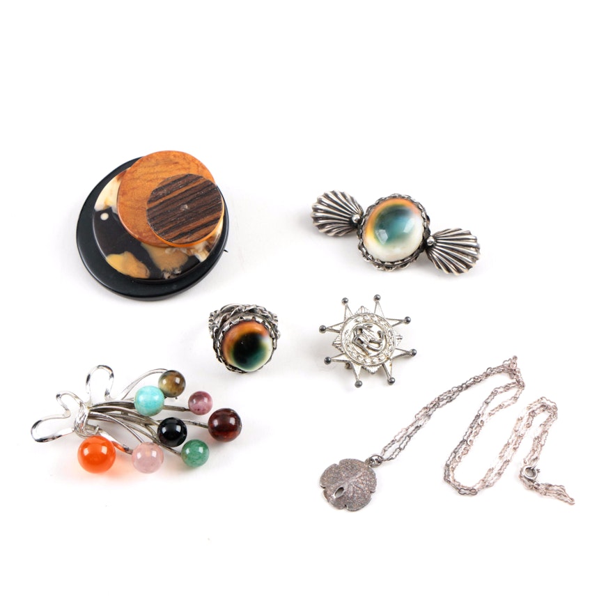 Sterling Silver Jewelry Including a Gemstone Brooch