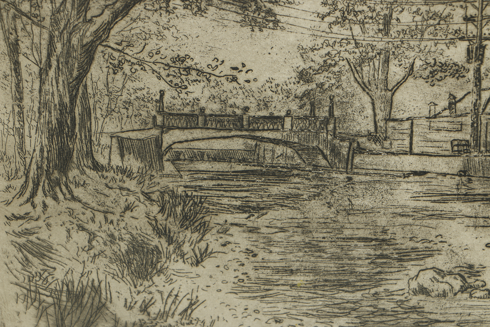 Gijsbertus Kloezeman Dry Point Etching on Paper Bridge Landscape Scene